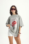 Lip Print Oversize Gray T-Shirt - 6