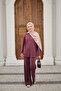Women's Front Grass Detail Crew Neck Set, Plum - 5
