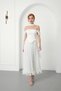 Women's White Shawl Collar Ruffled Hem Midi Engagement, Promise, Wedding, Evening Dress