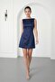 Women's Navy Blue Backless Mini Satin Graduation Evening Dress - 3