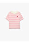 Cotton Crew Neck Short Sleeve Heart Embroidery Detailed Striped T-Shirt