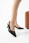 Maysa Women's Black Patent Leather Crocodile Textured Pointed Toe Ankle Strap Thin Heeled Shoes - 5