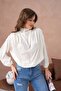 Women's Stand Collar Padded Shoulders Button Detail Satin Woven Blouse 32000 - 3