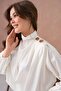 Women's Stand Collar Padded Shoulders Button Detail Satin Woven Blouse 32000 - 2