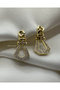 Chain Detailed Stoned Geometric Steel Earrings - Golden Pave Link Drop Earrings - 4