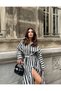 Women's Black and White Striped Belted Midi Length Shirt Dress