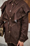 Women's Ornamental Stitching Detailed Ruffled Shoulder Pants Denim Suit Brown - 9