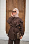 Women's Ornamental Stitching Detailed Ruffled Shoulder Pants Denim Suit Brown - 4