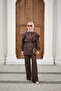 Women's Ornamental Stitching Detailed Ruffled Shoulder Pants Denim Suit Brown - 7