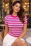 Women's Knitwear T-Shirt Fuchsia Crew Neck Short Sleeve Crop Flexible Ribbed Striped Slim Fit Casual - 2