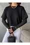 Women's Black Lace Sleeve Oversized Modal Textured T-Shirt - 6