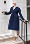 Brooch Detailed Buttoned Trench Coat Indigo 19371