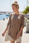 Light Brown Round Neck Buttoned 3/4 Sleeve Single Pocket Dickey Stitched Casual Muslin Loose Woven Blouse 75 65 - 2