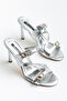 Women's Silver Shiny Leather Double Buckle Detailed Heeled Slippers