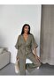 Women's Green Striped Linen-Look Kimono Set - Relaxed Fit Flowy Linen-Look - 2
