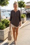Brown Round Neck Buttoned 3/4 Sleeve Single Pocket Tacky Stitching Casual Muslin Loose Woven Blouse 75 65 - 5