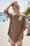 Light Brown Round Neck Buttoned 3/4 Sleeve Single Pocket Dickey Stitched Casual Muslin Loose Woven Blouse 75 65 - 3