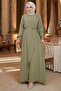 Buckle Detailed Tie-Up Hijab Dress Green Hm2887