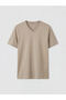 Beige V-Neck Combed Cotton Men's T-Shirt