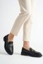 Genuine Printed Black Leather Women's Loafer Shoes with Gold Metal Buckle, Real Leather Inside and Out, Moccasins - 2