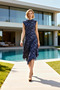 Women's Midi Dress High Neck Short Sleeve Tulle Knitted Floral Pattern Skater Fit Asymmetrical Cut Lined - 4