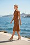 Women's Midi Dress Lapel Short Sleeve Woven Fabric Plain Pattern Accessory Detailed Buttoned Stylish