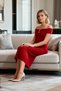 Women's Midi Dress Carmen Collar Sleeveless Knitted Fabric Plain Pattern Shirring Draping Detailed Unlined - 3