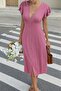 Women's V-Neck Front Buttoned Short Sleeve Wrinkled Midi Dress