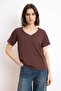 Ekru-Kahverengi %100 Pamuk 2'li Paket Regular Kalıp Basic V Yaka Örme T-Shirt TWOSS23TS00002 - 2