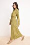 Textured Fabric Maxi Woven Hijab Dress with Khaki Gold Accessories Tctss26Eb00070 - 2