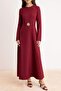 Bordo Gold Çiçek Detaylı Astarsız Maxi Kuşaklı Dokuma Tesettür Elbise TCTSS26EB00125 - 3