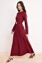 Bordo Gold Çiçek Detaylı Astarsız Maxi Kuşaklı Dokuma Tesettür Elbise TCTSS26EB00125 - 2