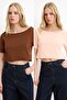 Brown-Pink 2-Pack 100% Cotton Asymmetric Boat Neck Crop Knitted T-Shirt Twoss25Ts00194