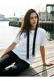 White Crew Neck Black Stripe Stone Detailed Oversize Women's T-Shirt