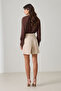Beige 100% Linen Pleat Detailed Relaxed Cut Shorts - 5