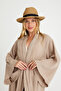 100% Cotton Woven Waist Belted Maxi Women's Kimono Kaftan Beige - 6
