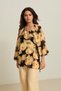Black-Yellow Patterned Blouse with Tie Detail, Long Sleeves, Relaxed Fit - 2