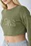 Kate Khaki Mercerized Crop Sweater with Frayed Detail - 4