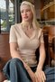Beige V-Neck Lace Women's T-Shirt Mg2712 - 8