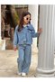 Girls' Fully Stone-Embellished Blue Denim Pants and Denim Jacket Set - Holiday Wear - 6