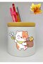 Cute Cat Printed Ceramic Pen Holder Makeup Brush Box with Wooden Detail Pencil Box