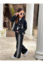 Girls' Striped Stone-Embellished Black Denim Pants and Denim Jacket Set - Holiday - 6
