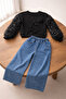 Girl's Rose Detailed Sweatshirt and Wide Leg Jeans Set Black – Ages 6-10 2647 - 3