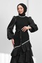 Black Evening Dress with Stone Belt on the Collar and Skirt - 3