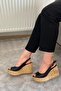 Women's Cork Black Skin 10 cm Wedge Heeled Cork Sole Open Back Shoes - 5