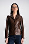Lyon Women's Three-Button Genuine Leather Blazer Jacket with Pocket Camel Antique