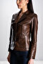 Lyon Women's Three-Button Genuine Leather Blazer Jacket with Pocket Camel Antique - 2