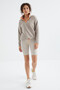 Dark Beige Half Zipper Skirt Hem Gathered High Neck Standard Fit Women's Fleece Sweatshirt - 97234 - 4