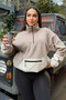 Dark Beige Hem Gathered Half Zipper Standard Fit Women's Fleece Sweatshirt - 97238 - 5