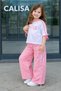Girl's Ribbon Detailed T-Shirt and Pink Sweatpants Set Summer Holiday - 4